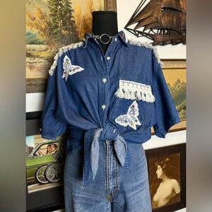 Vintage 1980s-90s Fringed Denim Blouse Butterfly Motif L-XL